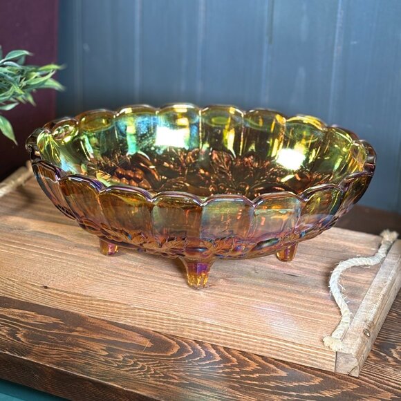 Vintage Indiana Glass Harvest Grapes Carnival Glass Footed Oval Fruit Bowl - Picture 1 of 16